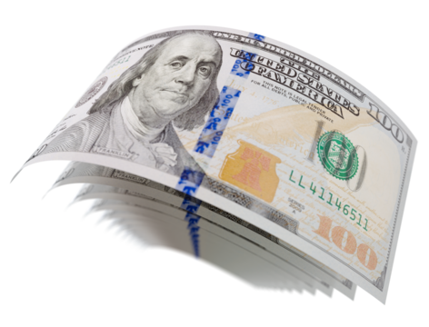 Abstract Set of Falling Collection of U.S. 100 Dollar Bills on a Transparent Background. Transparent PNG.