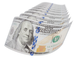 Abstract Set of Falling Collection of U.S. 100 Dollar Bills on a Transparent Background....