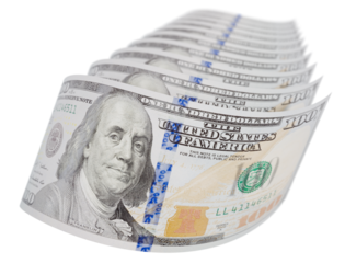 Abstract Set of Falling Collection of U.S. 100 Dollar Bills on a Transparent Background. Transparent PNG.