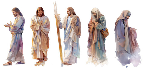 Fototapeta premium A Spiritual Collection of Five Watercolor-Style Jesus Portraits in Various Reverent Poses, Isolated as a Transparent PNG.