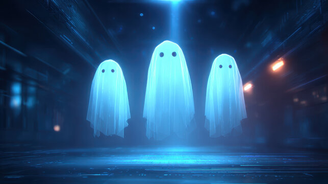 Three glowing ghosts float in digital corridor, creating spooky atmosphere