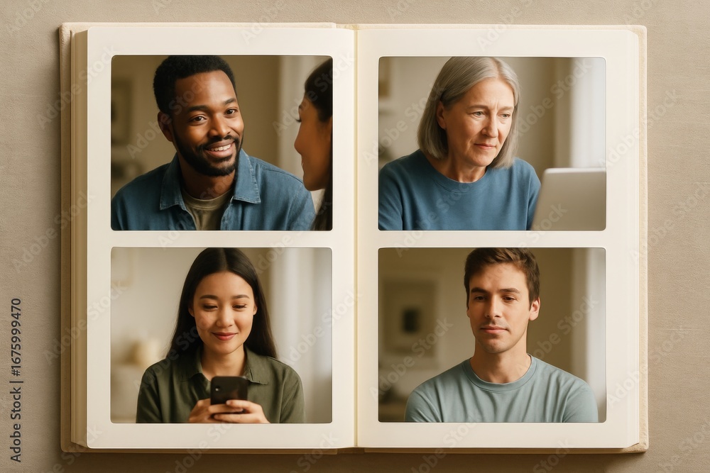 Poster collage of diverse people engaging in digital communication and hobbies in a photo album layout on n