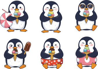 Cute penguin eating ice cream, funny cartoon penguins with summer desserts, adorable animal characters enjoying sweet treats, playful illustration artwork