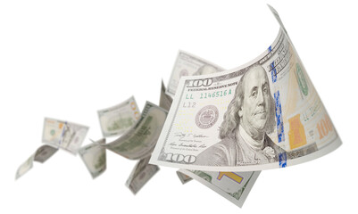 Randomly Falling U.S. 100 Dollar Bills on a Transparent Background. Transparent PNG.
