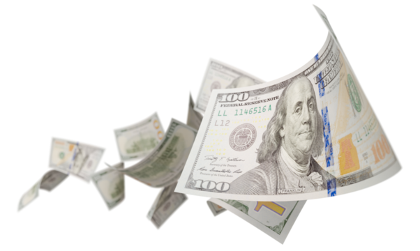 Randomly Falling U.S. 100 Dollar Bills on a Transparent Background. Transparent PNG.