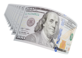 Abstract Set of Falling Collection of U.S. 100 Dollar Bills on a Transparent Background. Transparent PNG.