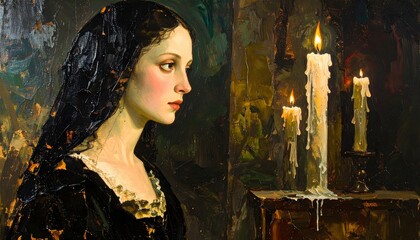 Fototapeta premium Gothic portrait of mysterious woman by candlelight