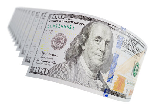 Abstract Set of Falling Collection of U.S. 100 Dollar Bills on a Transparent Background. Transparent PNG.