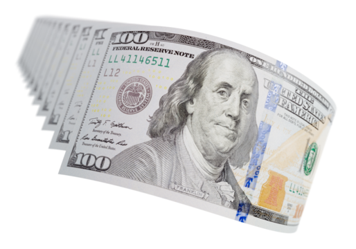 Abstract Set of Falling Collection of U.S. 100 Dollar Bills on a Transparent Background. Transparent PNG.