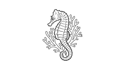 Detailed black and white line art drawing of a seahorse with coral.