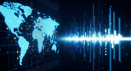 Digital world map with glowing connections and sound wave visualization