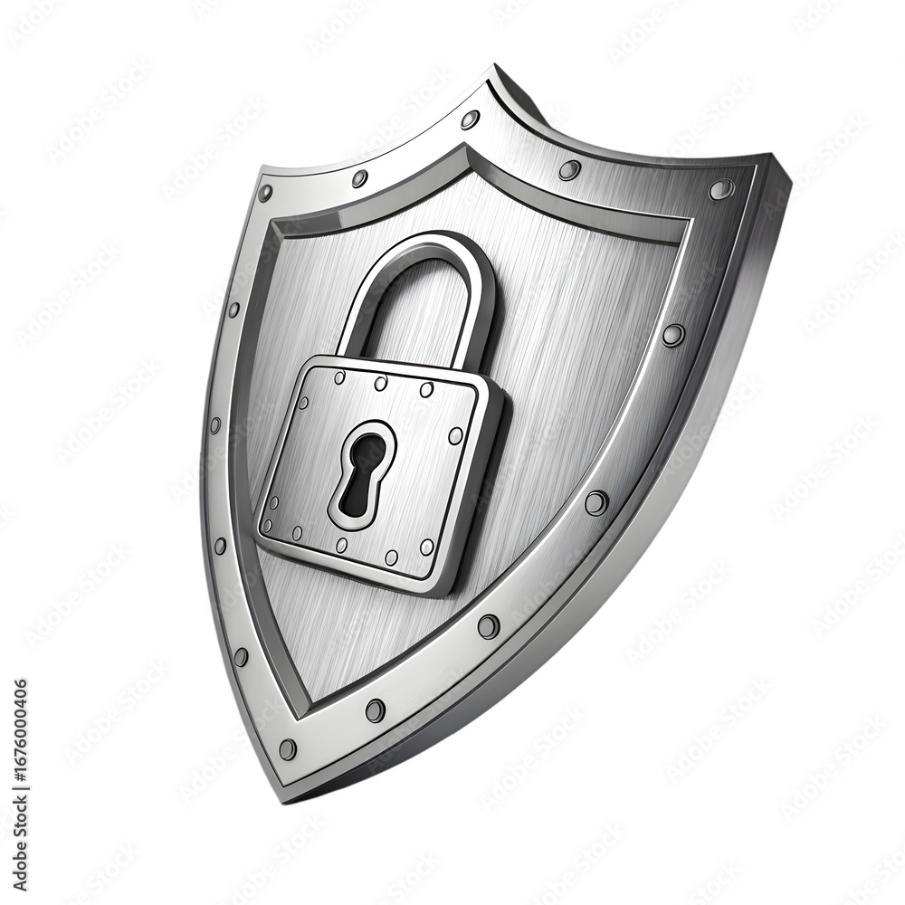 Poster metallic shield with lock symbol isolated on a transparent background security protection