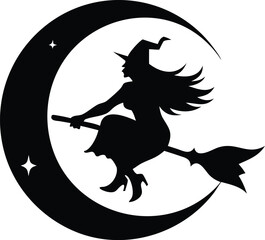 Spooky witch silhouette flying on broomstick under a crescent moon with stars halloween art