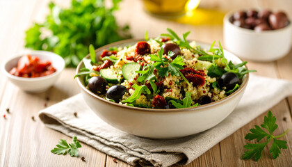 Healthy Quinoa Salad with Arugula, Black Olives, and Sun-Dried Tomatoes in a Bowl