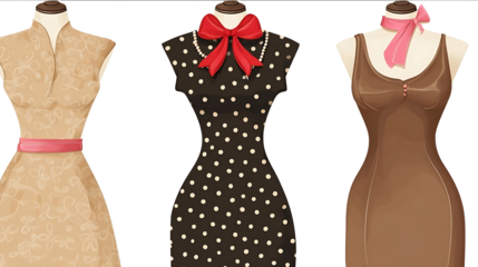 Three vintage dresses on mannequins isolated against a white background a black polka dot dress with a red bow and pearls in the middle a beige patterned gow