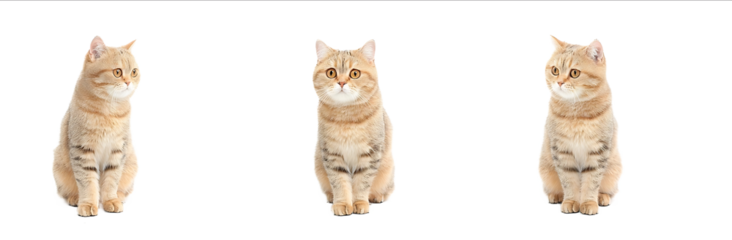 Set of three fulllength portrait photographs frontal view of a sitting and standing British Shorthair cat with goldenbrown stripes on a white background Stud