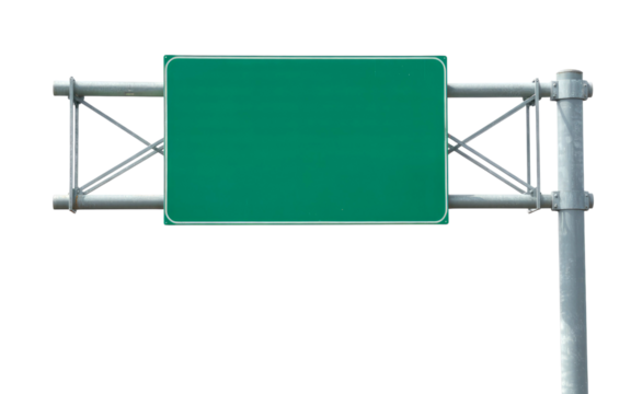 Green roadside sign featuring blank space isolated on transparent white background