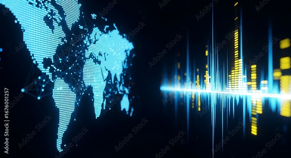 Poster digital world map with glowing data streams and sound wave visualization, tote bag mockup, canvas to