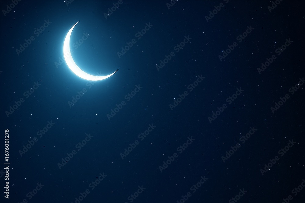 Aufkleber glowing crescent moon on a starry night sky with deep blue background and ample copyspace for creati