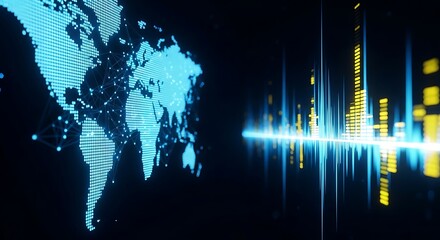 Digital world map with glowing data streams and sound wave visualization