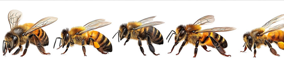 Four different honeybees in various poses side view white background hyperrealistic photography