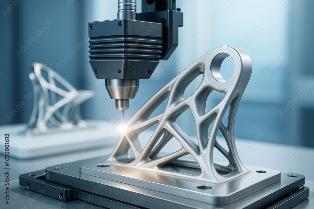 Poster advanced metal 3d printing machine creating complex industrial component on table with soft light an