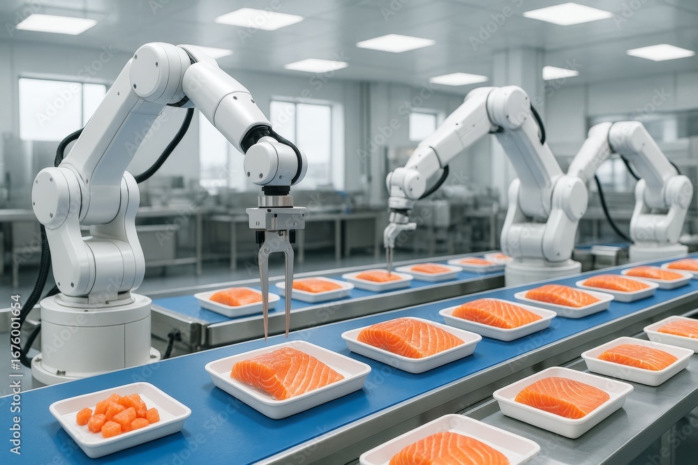 Poster robotic arms automate salmon packaging process on conveyor in high-tech food factory with clean, bri