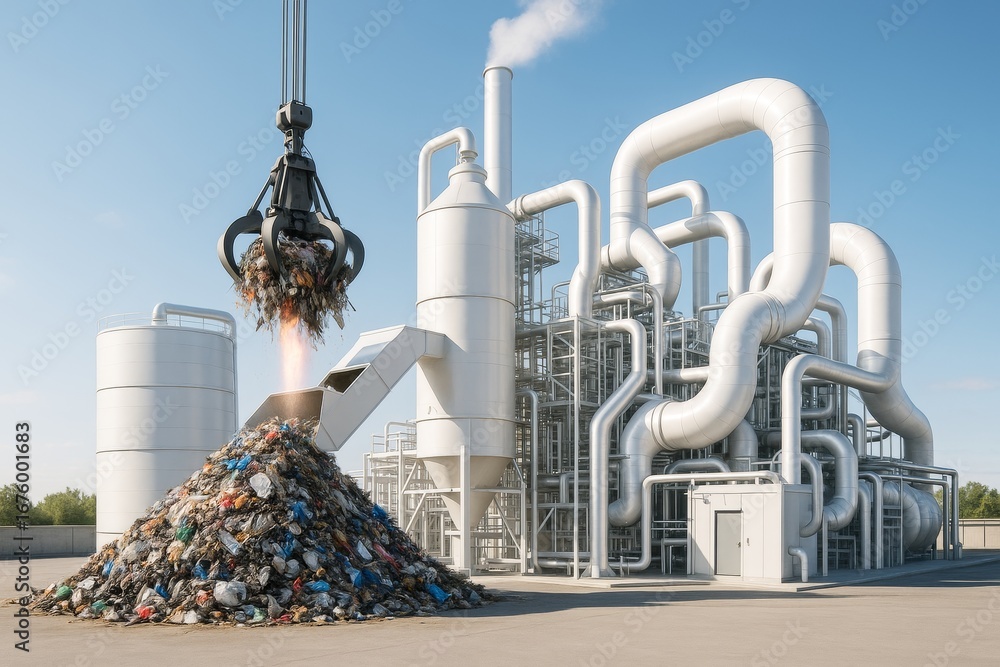 Poster futuristic waste processing plant with robotic arm unloading garbage into metallic recycling system 