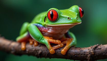 Fototapeta premium A vibrant redeyed tree frog perched on a branch, showcasing its striking colors and intricate details in a closeup shot