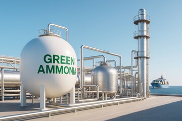 Green ammonia production facility with industrial tanks and pipes on oceanfront under clear sky background, showcasing sustainable energy concept. Ai generative