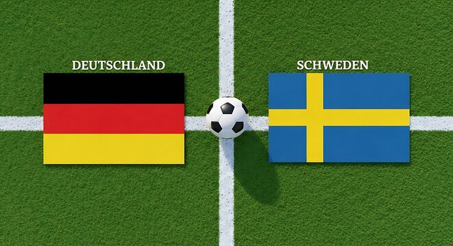 Germany and sweden flags on a football field with a soccer ball between them representing a match
