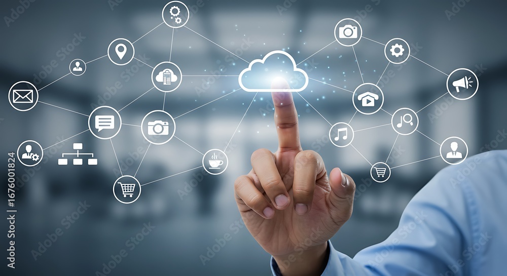 Poster close up of a person s finger touching a glowing cloud icon connected to various digital service ico