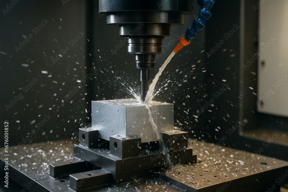 Poster cnc machine cutting metal block with coolant spray in industrial setting on dark background, showcas