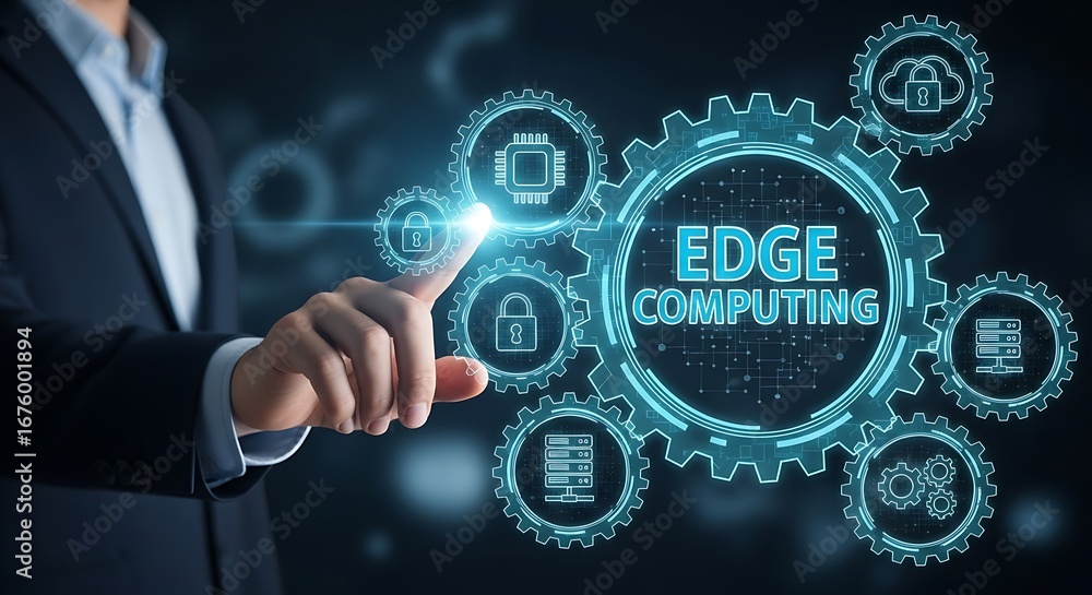 Poster businessman touching glowing digital interface with edge computing concept and interconnected networ
