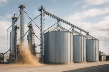 Obraz premium Large industrial grain silos with automated unloading system releasing grain dust under bright daylight in modern agricultural facility background. Ai generative