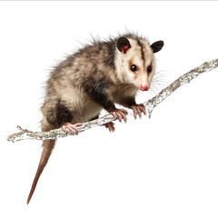 Photograph of a realistic possum on a branch isolated on a white background with a clipping path showing the full body view