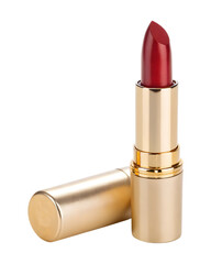 Gold casing red lipstick isolated on transparent background