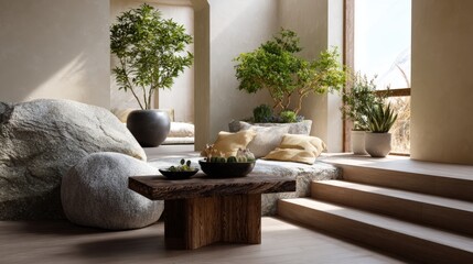 Tranquil sunlit zen garden with wooden table and potted plants in modern interior.