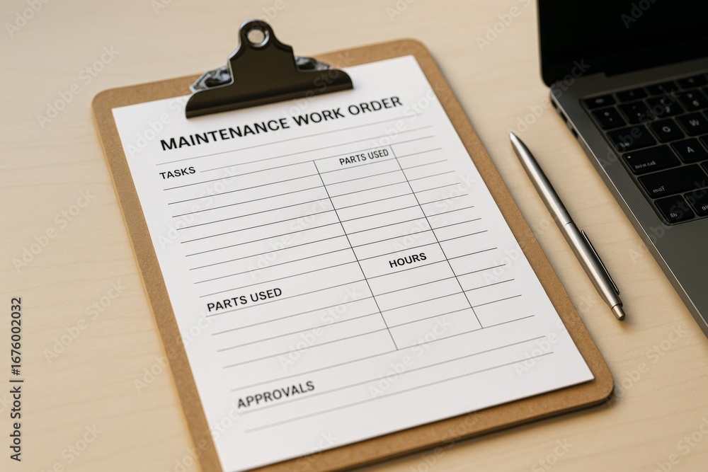 Poster maintenance work order form on clipboard with pen and laptop on light desk background, representing 