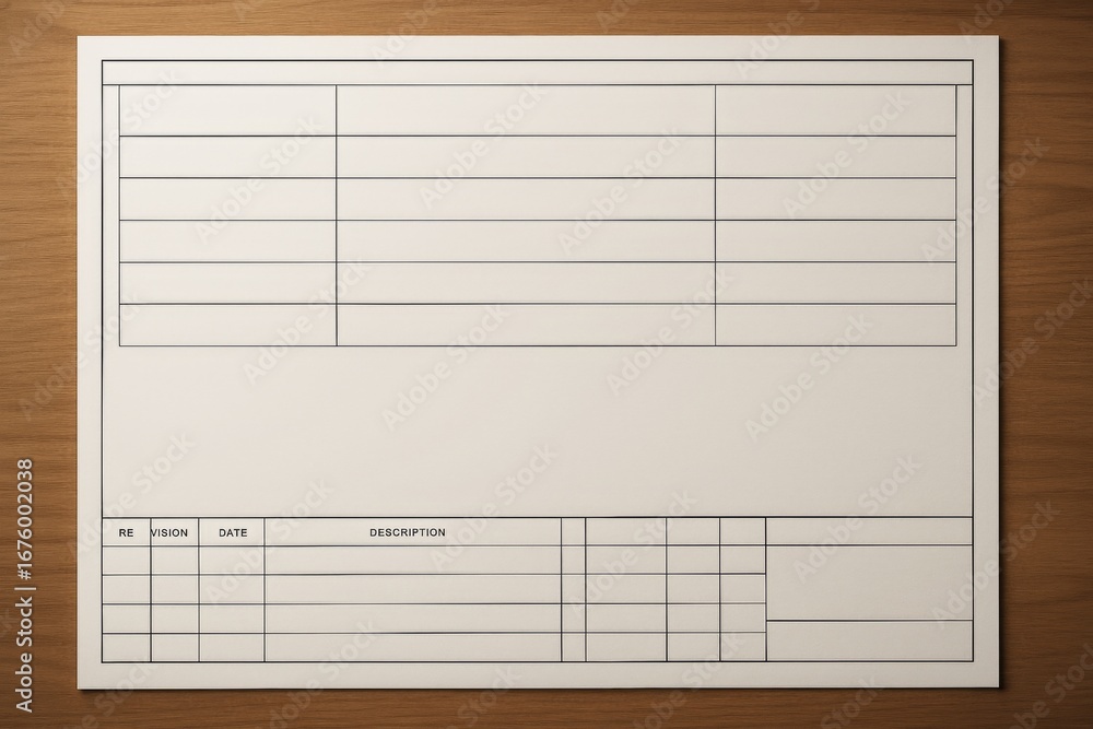 Poster blank engineering technical drawing template with title block and grid layout on wooden desk backgro