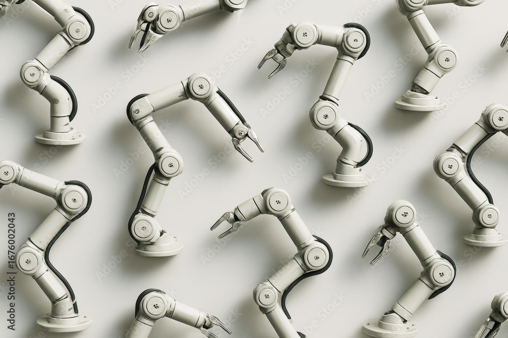 Poster multiple robotic arms arranged in a seamless industrial pattern on a light background showing automa