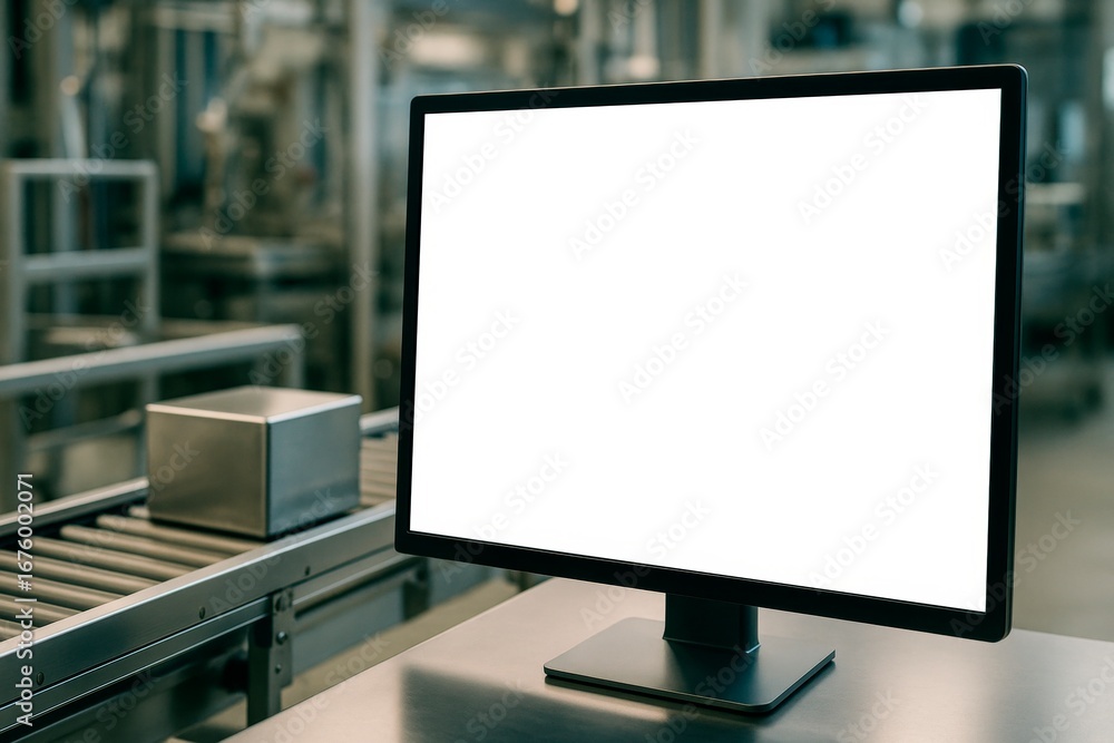 Poster blank monitor screen mockup in industrial factory setting with conveyor belt and metallic box in bac