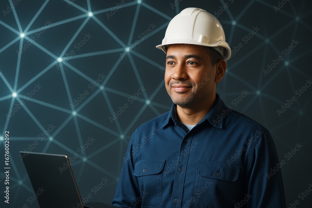 Poster engineer in hard hat using laptop with smiling expression on abstract digital light background in da