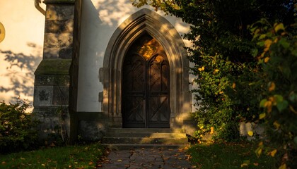Historic church entrance glowing through lush garden light