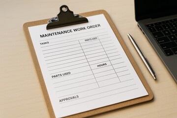 Maintenance work order form on clipboard with pen and laptop on light desk background, representing planning and documentation in industry concept. Ai generative