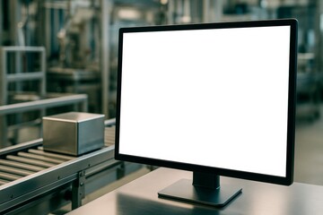 Fototapeta premium Blank monitor screen mockup in industrial factory setting with conveyor belt and metallic box in background for clean tech display concept. Ai generative