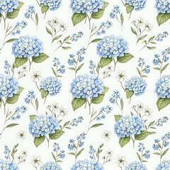 Delicate watercolor seamless pattern featuring soft blue hydrangeas and small white wildflowers on a light background