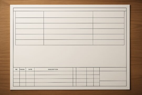 Blank engineering technical drawing template with title block and grid layout on wooden desk background, light industry concept paper sheet design. Ai generative