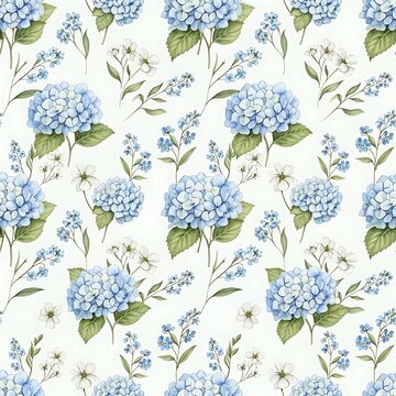 Delicate watercolor seamless pattern featuring soft blue hydrangeas and small white wildflowers on a light background