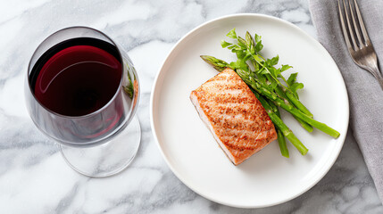 A beautiful plate of grilled salmon with fresh asparagus, paired with a glass of red wine on a marble countertop.